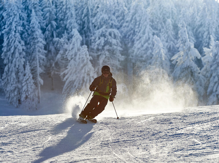 Ein Mann auf Skiern gleitet die weiße Piste des grossen Arbers hinunter.