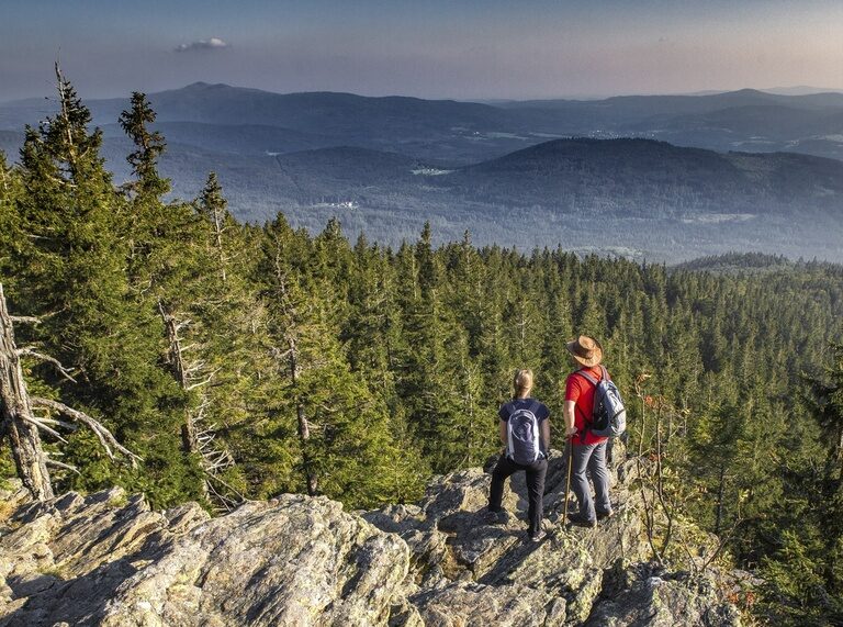 Zwei Wanderer genießen vom Falkenstein Gipfel die unvergleichliche Aussicht auf den grünen Bayerischen Wald.